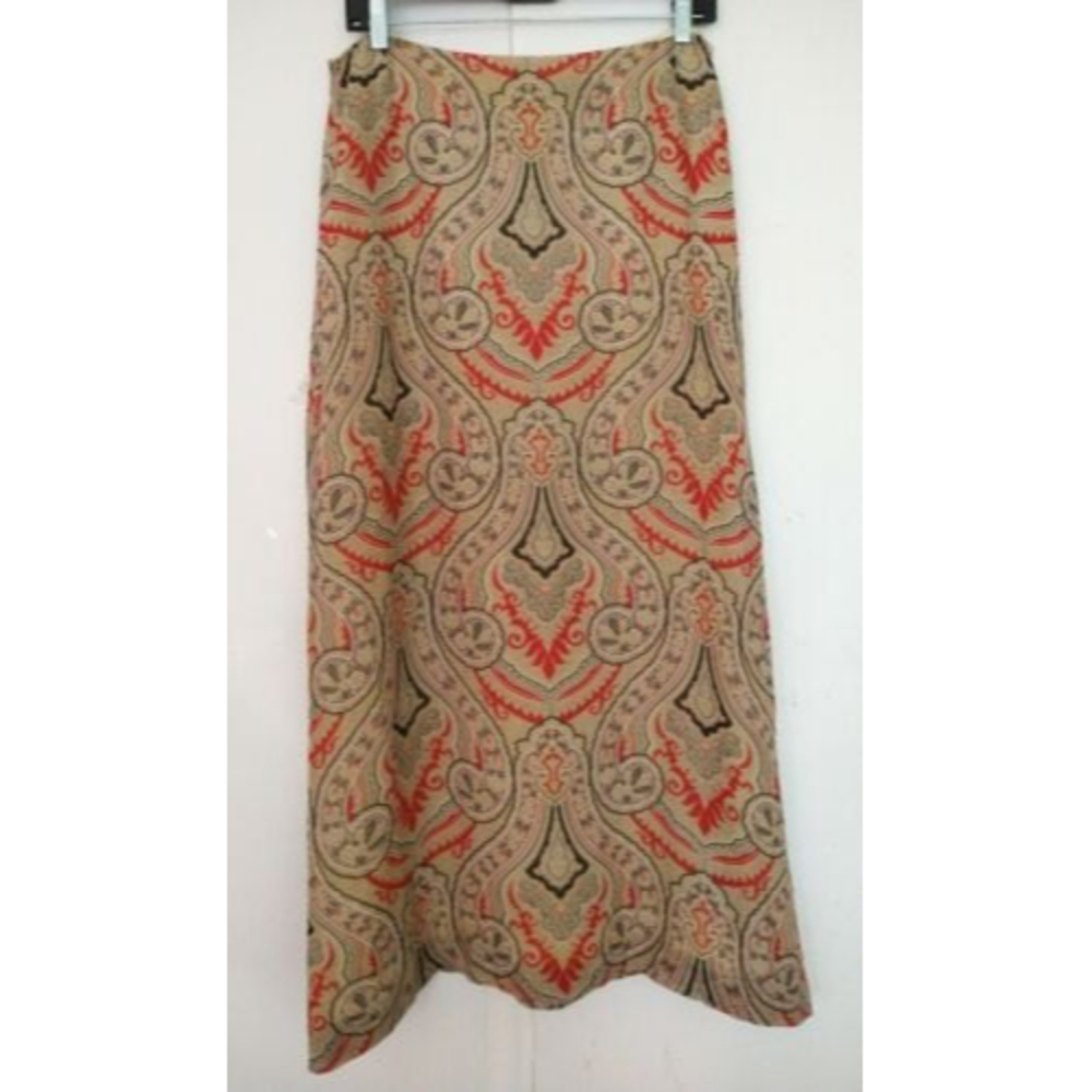 BURBERRY London Vintage Tan Red Paisley Midi Skirt 100% Silk Fully Lined SIZE 10